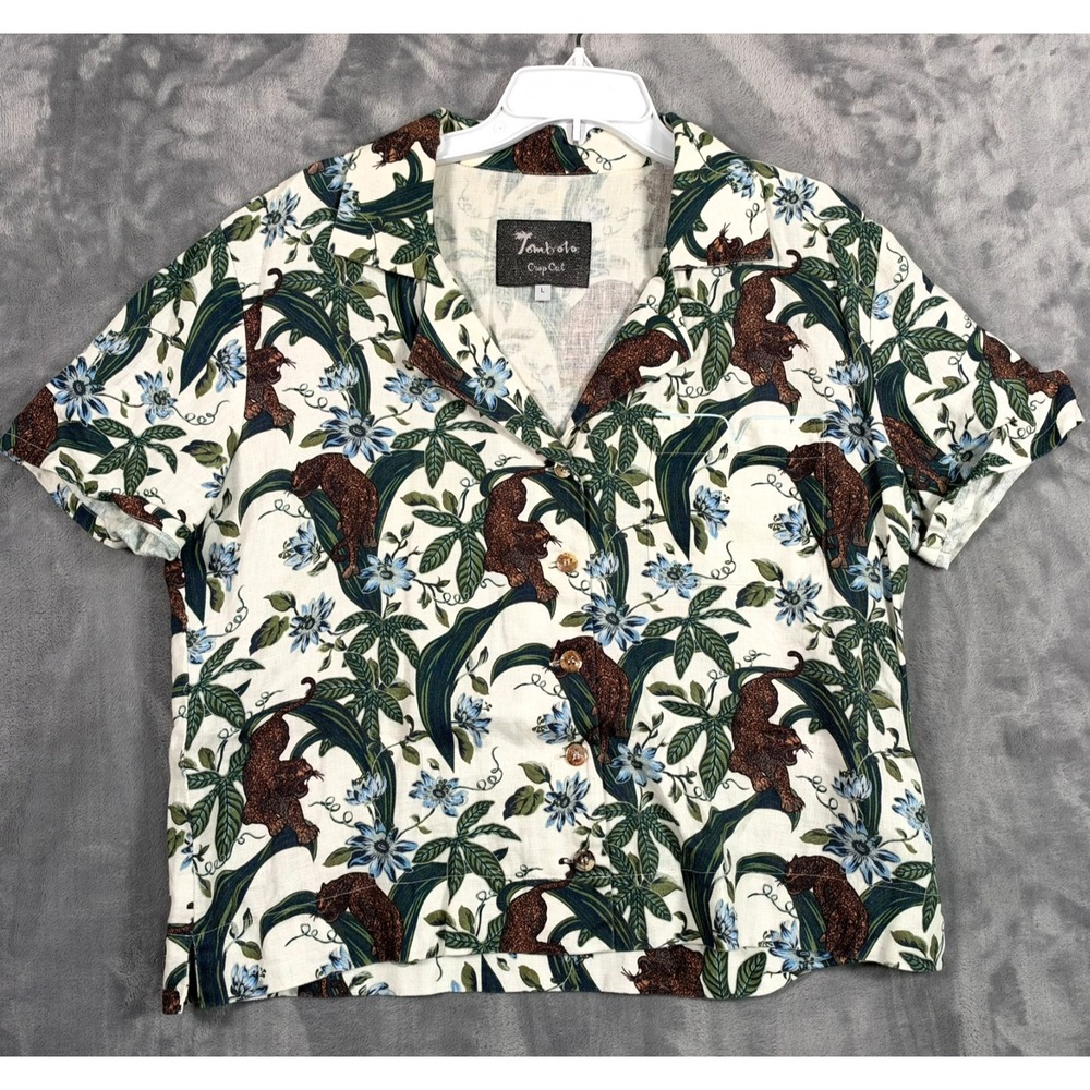 Tombolo Crop Cut Button Up Shirt Womens Large Cabana Hawaiian Top Leopard Floral